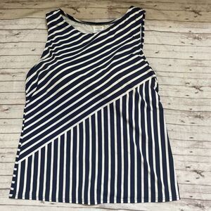 Lands End Blue Striped Tankini Swim Top High Neck Size 12D Built in Bra Modest